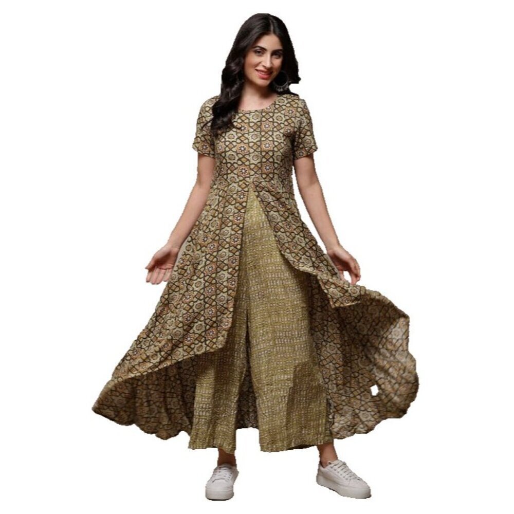 NWT Biba Jumpsuit Dress fit & flare Sz M geometric floral mustard olive brown